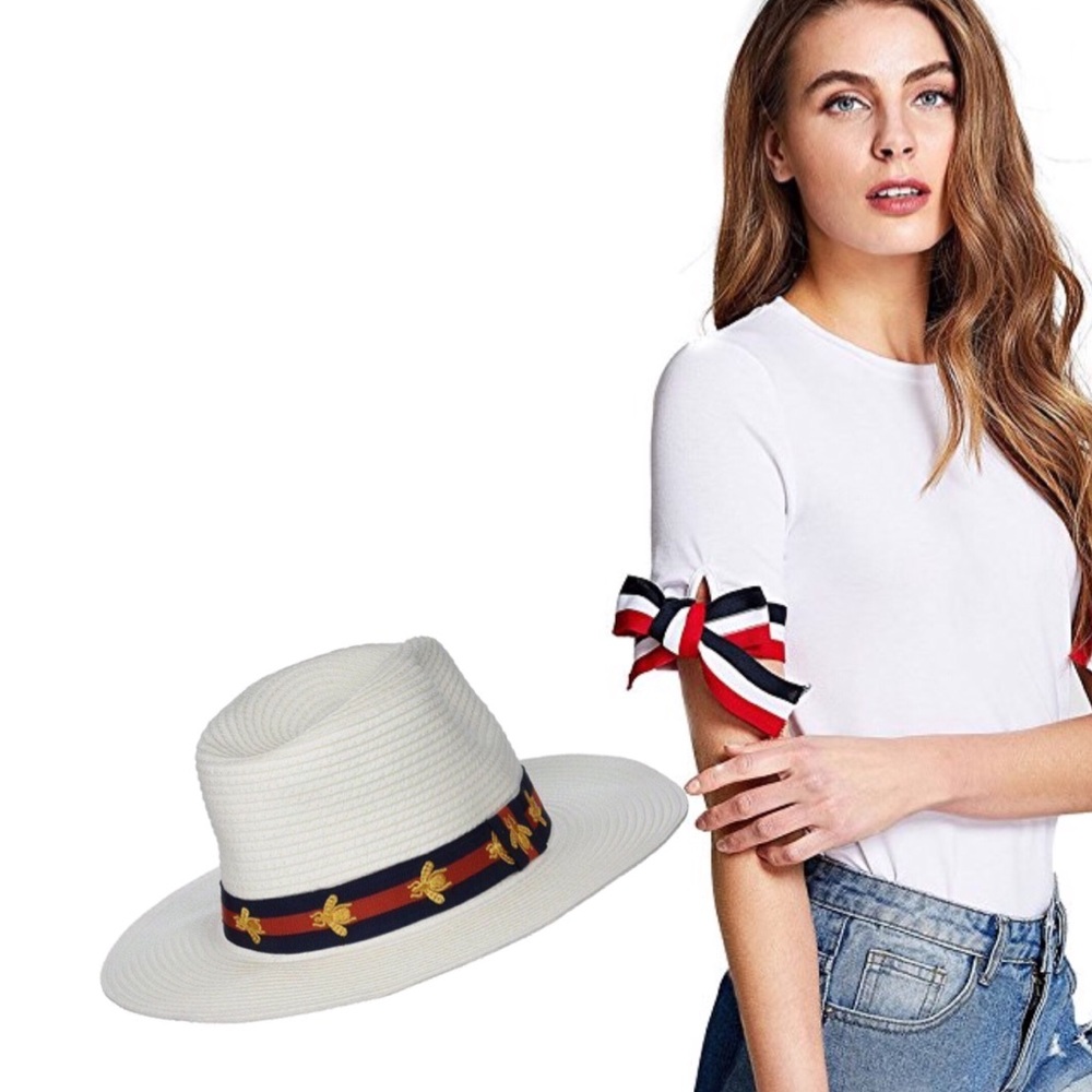 Vince Camuto White Preppy Bee Ribbon Panama Hat